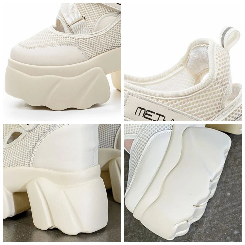 Fujin 12cm Women Summer Air Mesh Chunky Sneaker Slides Sandals Platform Wedge Microfiber Shoes Mules Shoes Hollow Platform Wedge