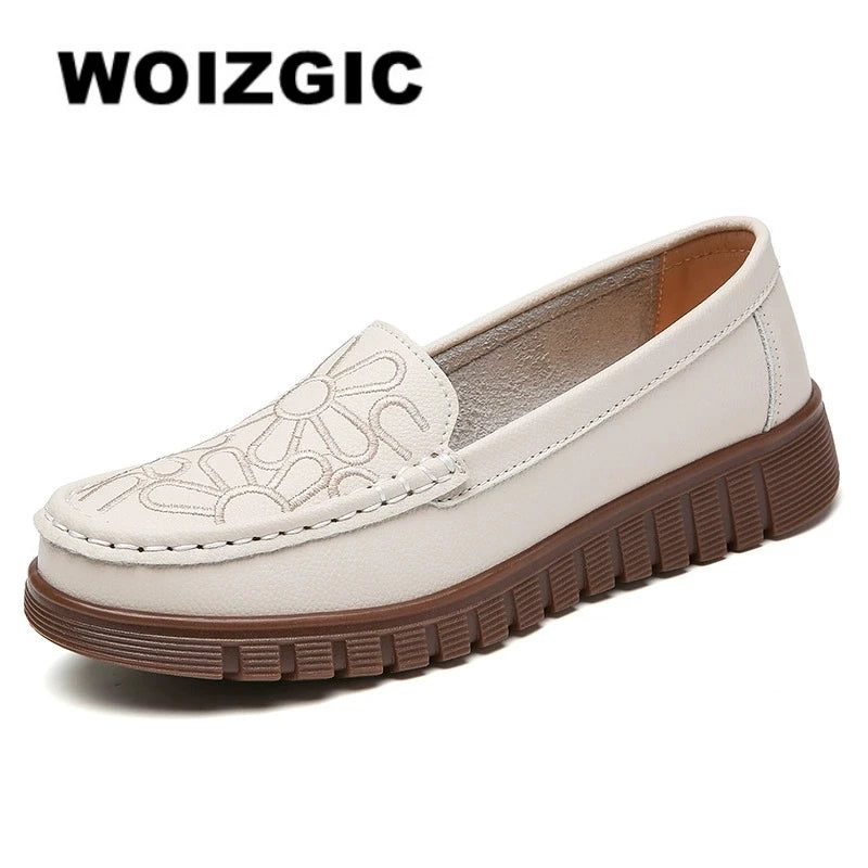 WOIZGIC Chaussures pour femmes en cuir véritable, plates, antidérapantes, souples, pour printemps et automne