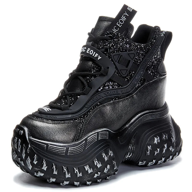 Fujin 12cm Microfiber Synthetic Chunky Sneakers Spring Shoes Genuine Leather Ankle Booties Bling Women Vulcanize Boots Autumn