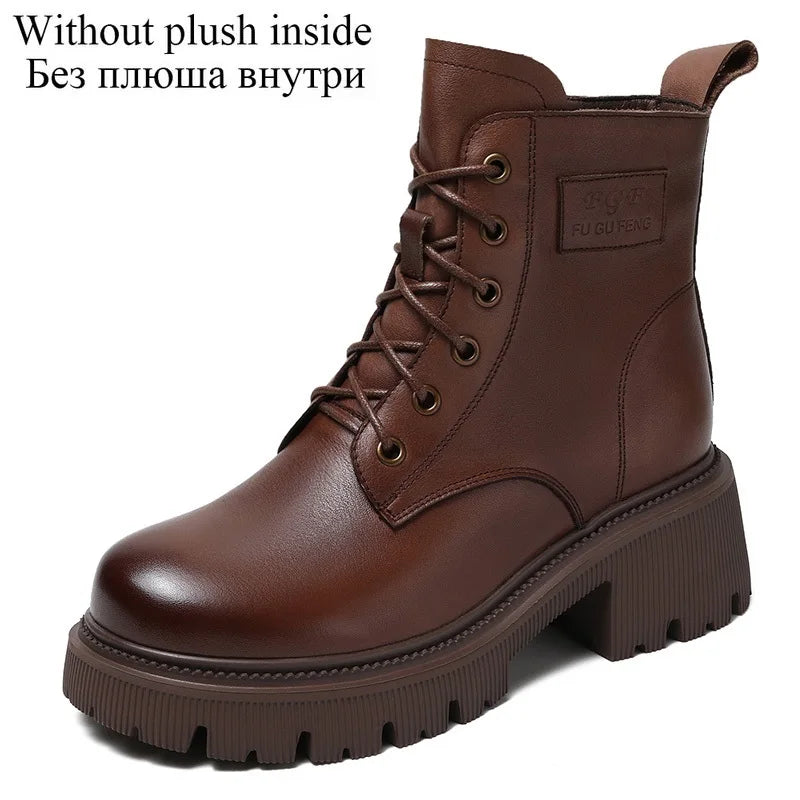 DRKANOL 2025 Fashion Women Genuine Cow Leather Thick Heel Ankle Boots Autumn Winter Chunky Platform Handmade Retro Warm Boots