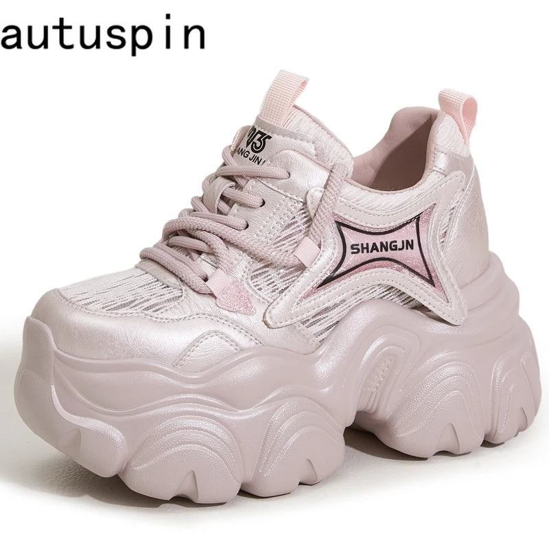 AUTUSPIN 10cm Pink Thick Soled Shoes for Summer Women Breathable Lace-up Ladies Sneakers Outdoor Casual Fashion Platform Shoes