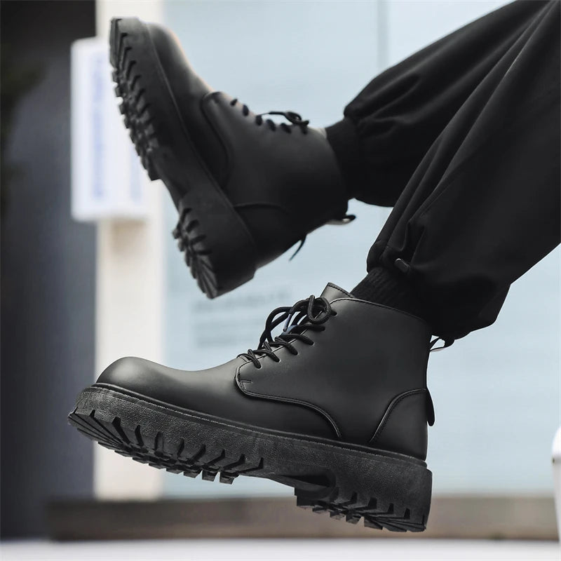 STRONGSHEN Men Ankle Boot High-top Platform Motorcycle Boots Outdoor Fashion Classic Punk Boots Non-slip Leather Casual Shoes