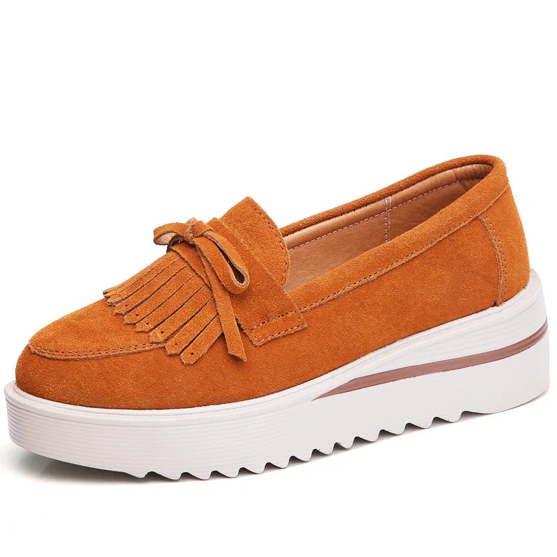 WOIZGIC Women Female Ladies Mother Cow Suede Leather Shoes Platform Flats Fringe Non Slip On Autumn Nowknot Vulcanized Shoes