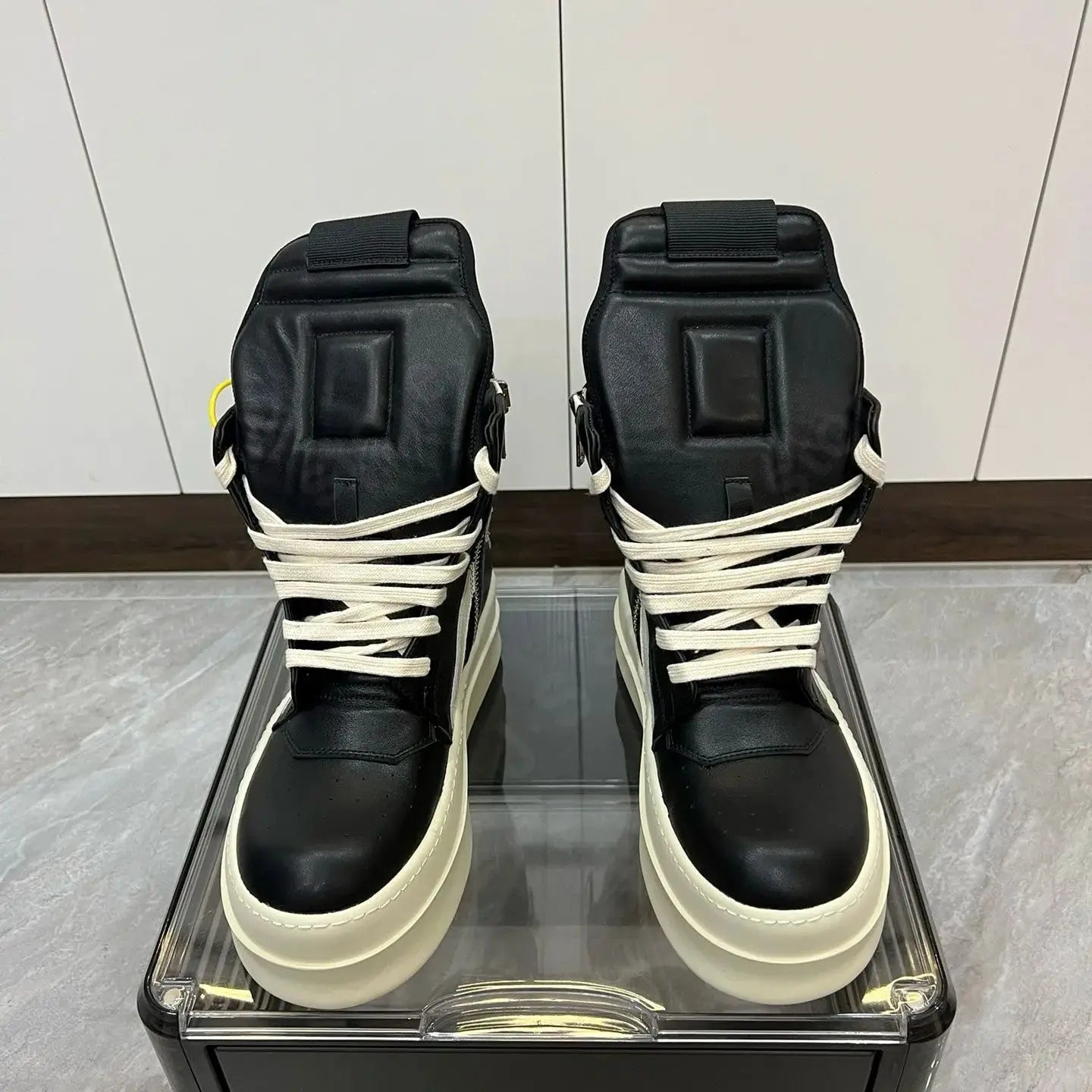 R-o Luxury Designer Men Shoe Women Sneaker Ankle Boot High Top Casual Shoes Black Leather Zipper 6cm Thick Sole Sneakers Boots