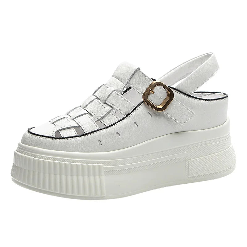 Fujin 8cm Platform Wedge Buckle Weave Sandals Ladies Shoes Women Moccasins Summer Retro British Natural Cow Genuine Leather