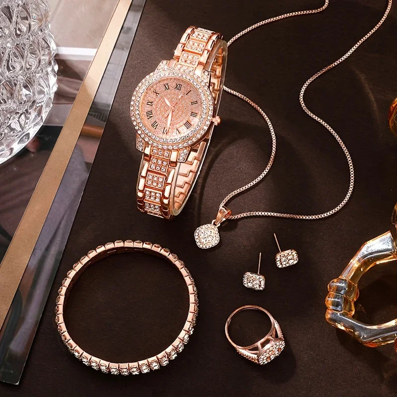 6pcs/set Women's Watch Luxury Rhinestone Quartz Watch Hiphop Fashion Analog Wrist Watch & Jewelry Set, Gift For Mom Her