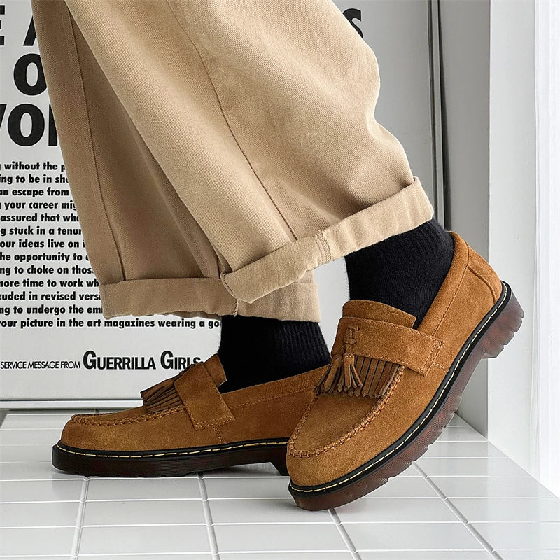STRONGSHEN Men Tassels Genuine Leather Shoes Suede Thick Sole Oxford Shoes Formal Loafers Business Dress Shoes Casual Footwear