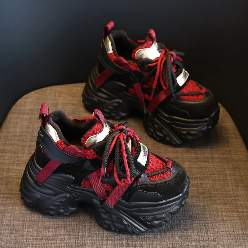 Fujin 9.5cm Women Synthetic Leather Spring Chunky Sneakers  Winter Plush Fashion Ankle Booties Autumn Platform Wedge Flats Shoes