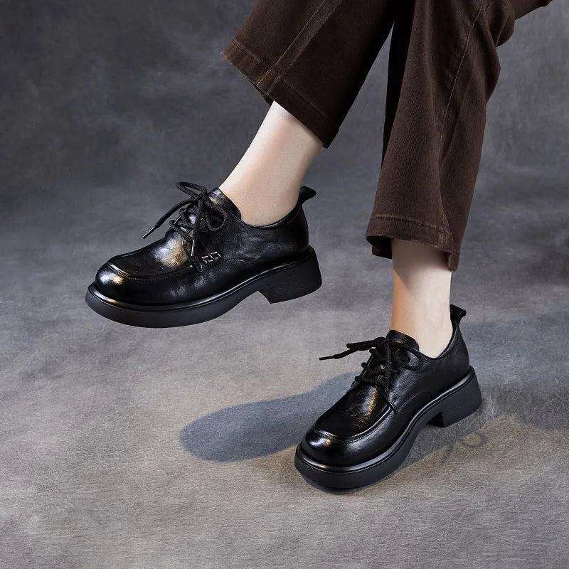 DRKANOL 2025 Women Genuine Leather Shoes Handmade Retro British Style Thick Heel Round Toe Comfort Casual Single Shoes H258569Z