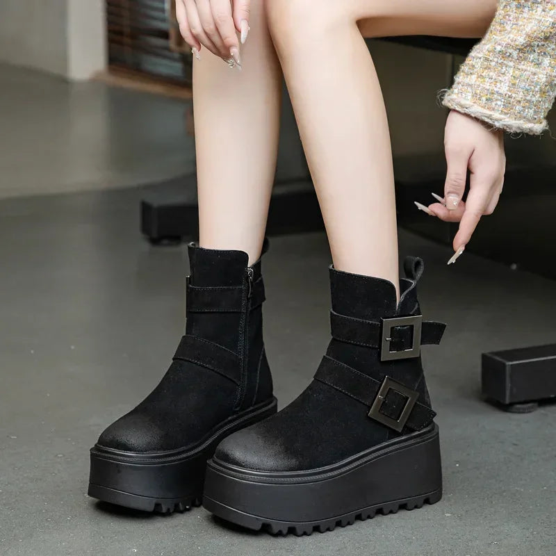 Fujin 8cm Suede Genuine Leather Ankle Booties Women Autumn Boot Flats Winter Plush Thick Sole Motorcycle Platform Wedge Shoes