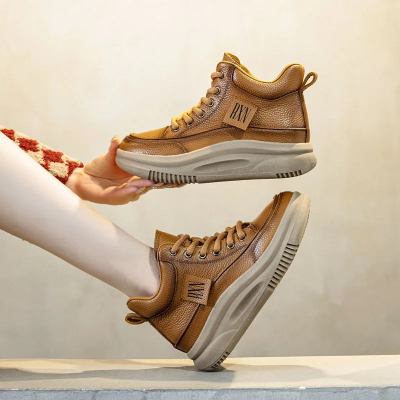 DRKANOL Fashion Autumn Winter Chunky Platform Warm Ankle Boots For Women Genuine Cow Leather Wedges Heel Casual Short Boots Lady