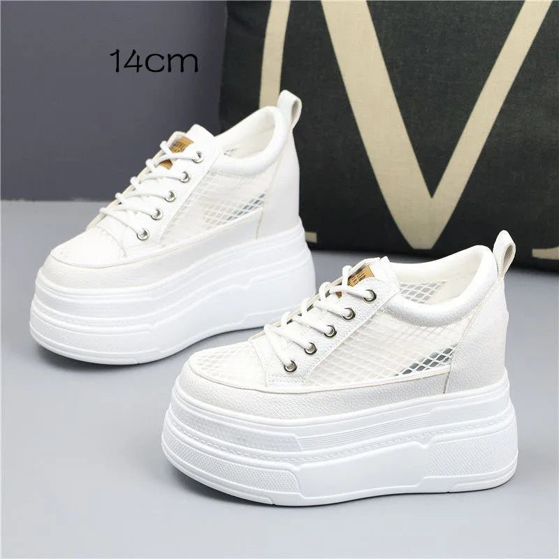 Fujin 10cm 12cm 14cm Air Mesh Leather Breathable Pumps Summer Fashion Chunky Sneaker Heels Sandals Platform Wedge Hollow Shoes