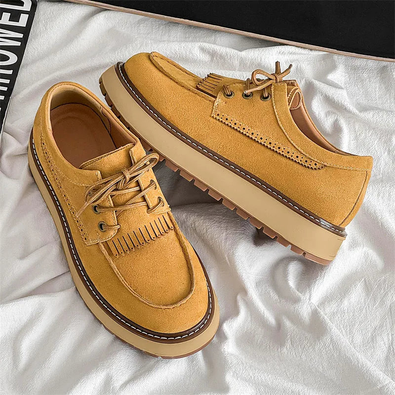 Men's Casual Oxford Shoes Leather Yellow Round Toe Business Platform Shoes Lace-up Tassels Shoe Comfortable Breathable Shoes
