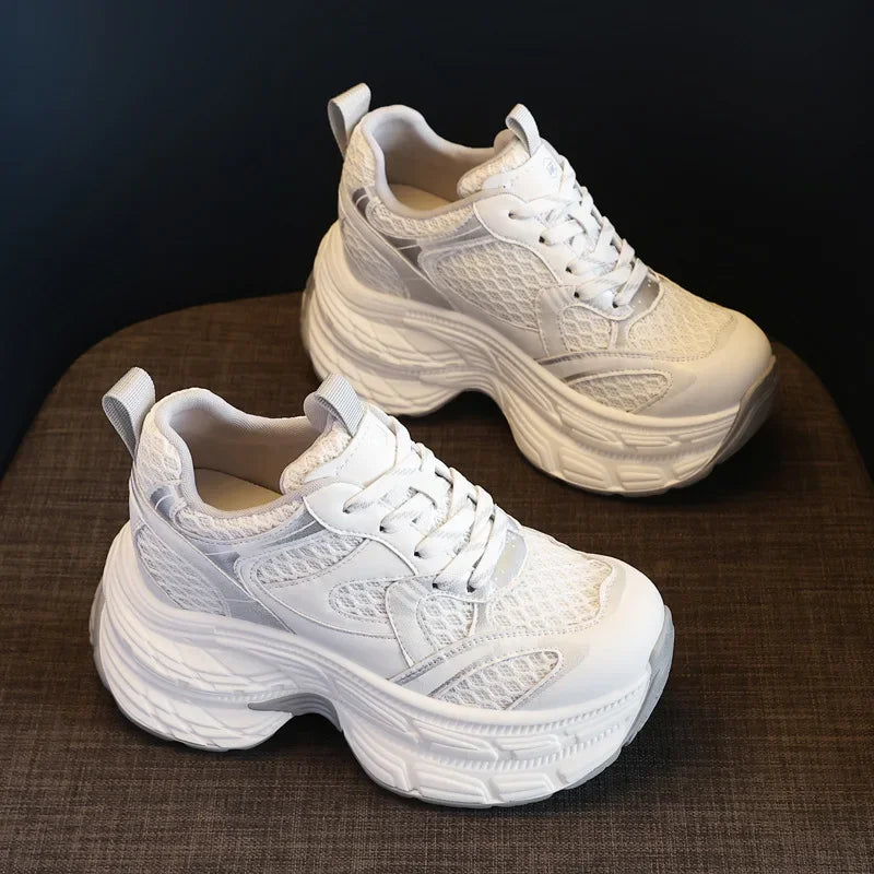 Koznoy 10.5cm Air Mesh Microfiber Leather Vulcanize Casual Women Summer Platform Sneakers Breathable High Brand Ladies Shoes