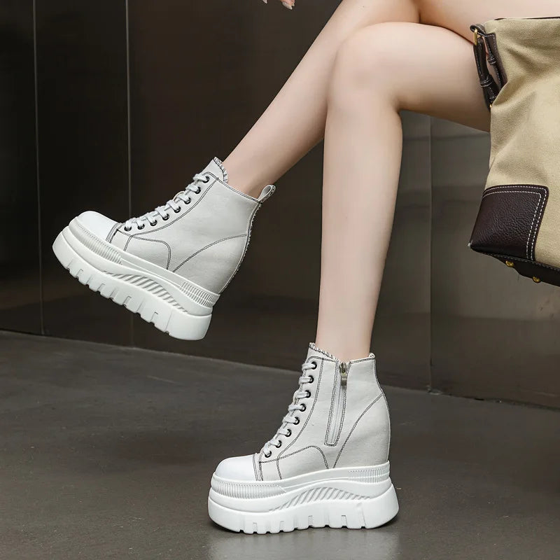 Fujin 12cm New Denim Women Breathable Platform Hidden Heels Shoes Genuine Leather Synthetic Chimney Fashion Spring Ankle Booties