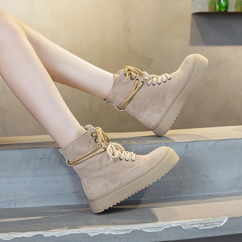 DRKANOL Women Flat Platform Ankle Boots Quality Cow Genuine Leather Round Toe Thick Sole Lace-Up Retro Style Casual Short Boots