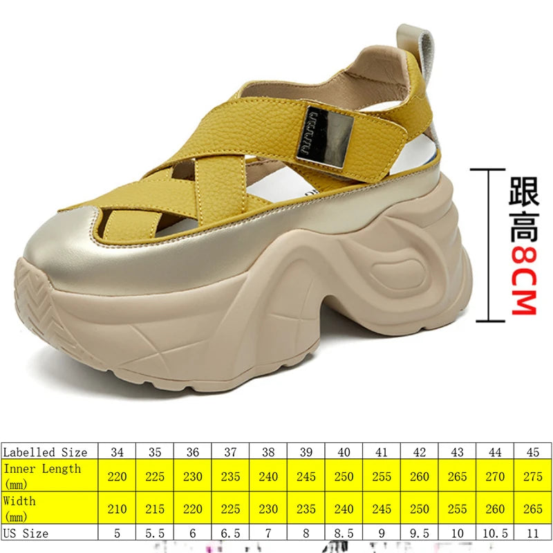 Fujin 8cm Cow Weave Genuine Synthetic Leather Platform Wedge Hook Summer Hollow Sandals Flat Women Slippers Pumps Fashion Shoes