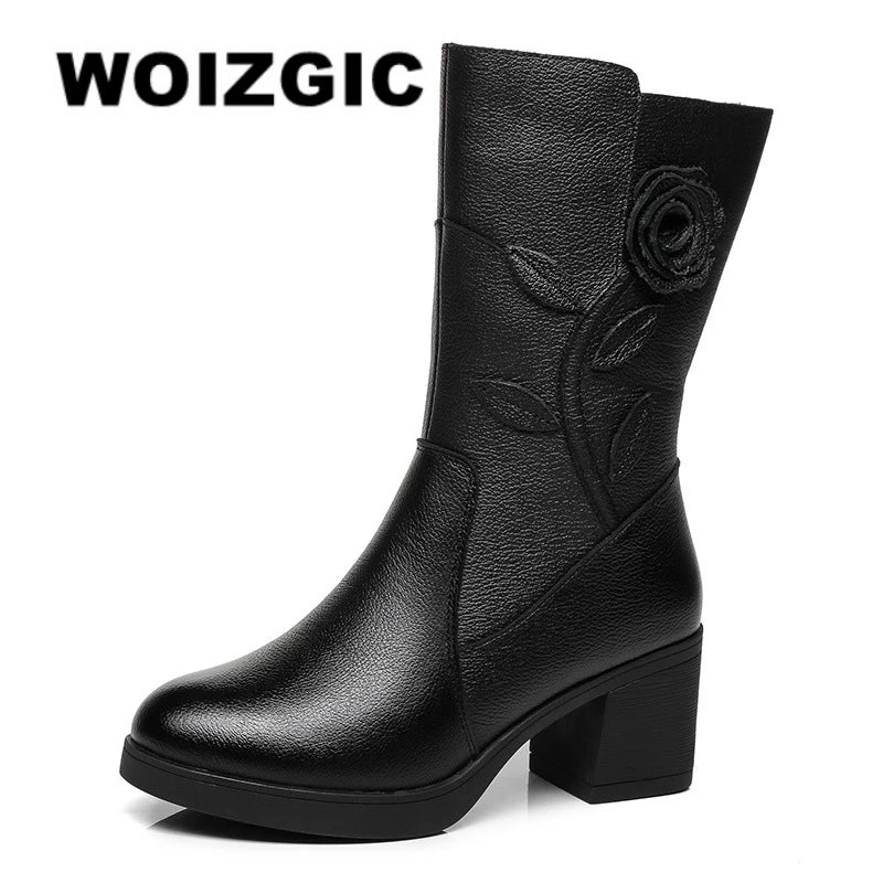WOIZGIC Femmes Dames Mère En Cuir Véritable Bottes Mi-mollet Chaussures Fourrure Chaude Peluche Hiver Fermeture Éclair Fleur Trajet Antidérapant