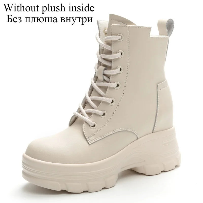 DRKANOL Fashion Women Height Increasing Boots Autumn Winter Warm Plush Platform Ankle Boots For Women Real Cowhide Wedges Shoes