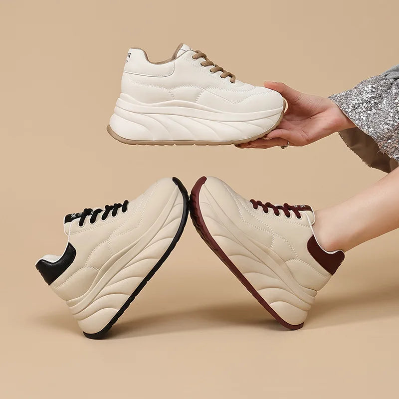 Fujin 8cm Genuine Leather Chunky Sneakers for Women Platform Sneakers Heel Wedge Women Casual Shoes  Slip on Female Summer Shoes