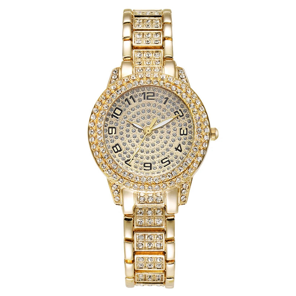2PCS Luxury Women's Gold Watch Fashion Women's Quartz Heart Diamond WristWatch Elegant Women's Bracelet Watch Set Reloj Mujer