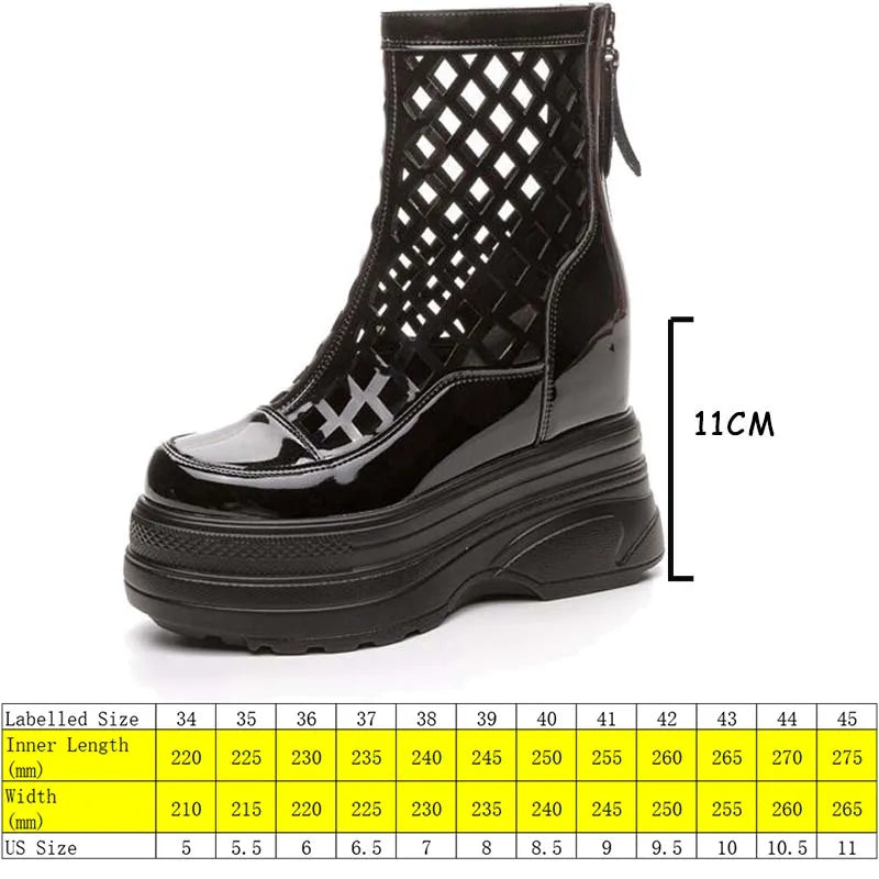 Fujin 11cm Hollow Patent Leather Summer Breathable Wedge Platform Wedge ZIP Fashion Sandals Casual Knee High Ankle Boots Shoes