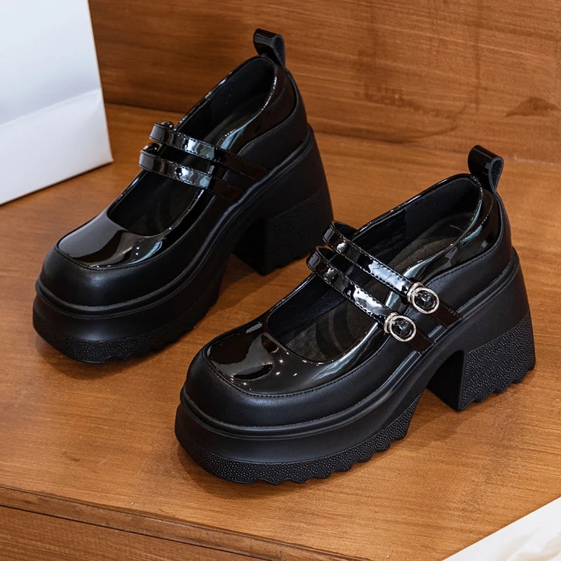 AUTUSPIN 10cm Mary Jane Women Pumps Fashion Platform Thick High Heels Spring Autumn Japanese Style Patent Split Leather Shoes
