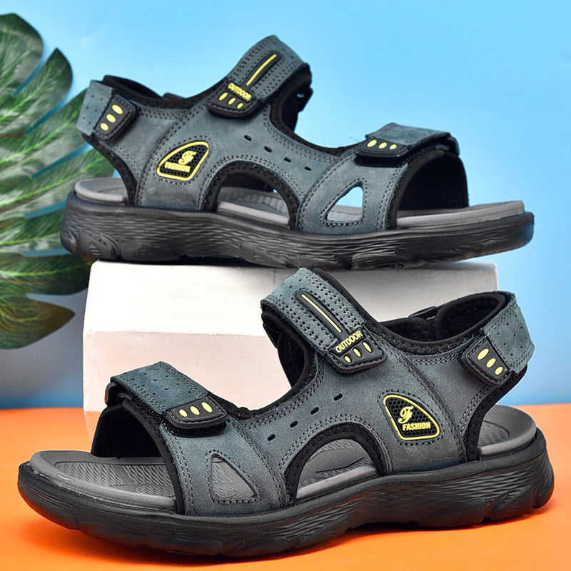 Sandales d'été en cuir véritable pour hommes, chaussures classiques décontractées, sandales de plage d'extérieur, chaussures romaines d'été pour hommes, pointures 38 à 46