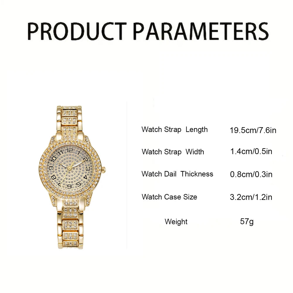 2PCS Luxury Women's Gold Watch Fashion Women's Quartz Heart Diamond WristWatch Elegant Women's Bracelet Watch Set Reloj Mujer