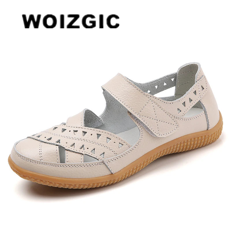 WOIZGIC Femmes Mère Véritable Cuir Creux Blanc Chaussures Sandales Appartements Mocassins Été Cool Plage Grande Taille 41 42