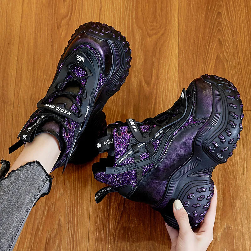 Fujin 12cm Microfiber Synthetic Chunky Sneakers Spring Shoes Genuine Leather Ankle Booties Bling Women Vulcanize Boots Autumn