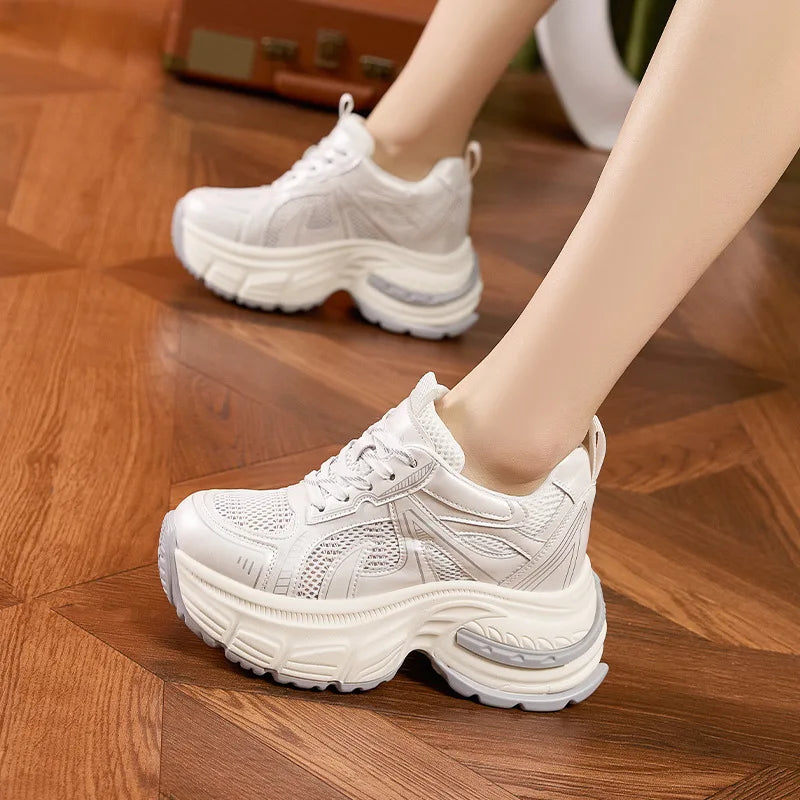 Fujin 9cm Air Mesh Microfiber Leather Women Casual Hidden Heel Shoes Chunky Sneakers Vulcanize Platform Wedge Skateboard