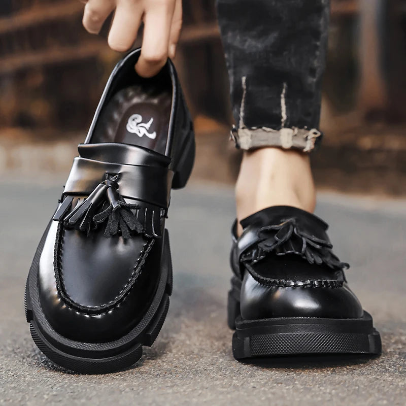 STRONGSHEN Men Leather Tassel Shoes Brand Luxury Loafers Black Moccasin Thick Bottom Business Casual Formal Men's Dress Shoes