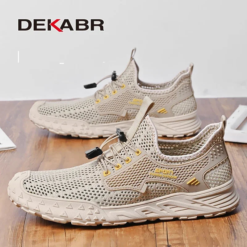 DEKABR Summer Men's Breathable Mesh Lightweight Comfortable Drawstring Casual Shoes Outdoor Non-Slip Thick Sole Sneakers Black