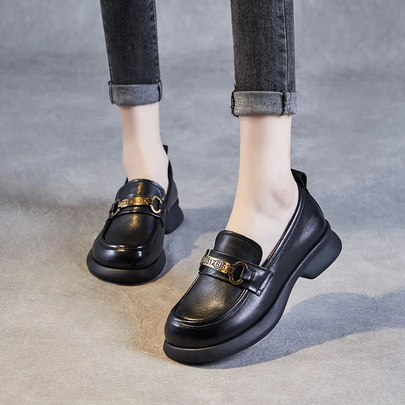 DRKANOL Women Slip On Loafers 2025 Spring Shallow Genuine Cow Leather Trend Metal Mid Thick Heel Casual Single Shoes Black Beige