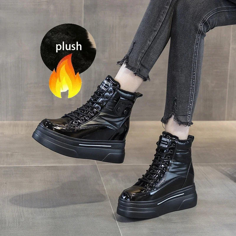 Fujin 8.5cm Cow Genuine Leather Down Cloth Women Ankle Booties Platform Wedge Females Plush Warm Autumn Winter Shoes Snow Boots