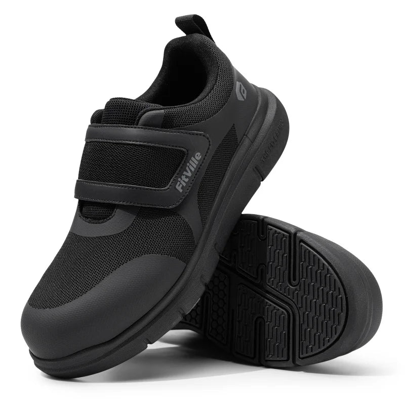 FitVille Safety Men'S Steel Toe Shoes  Wide Width 2E Lightweight Puncture Resistant Non-Slip With Arch Support Black Adjustable