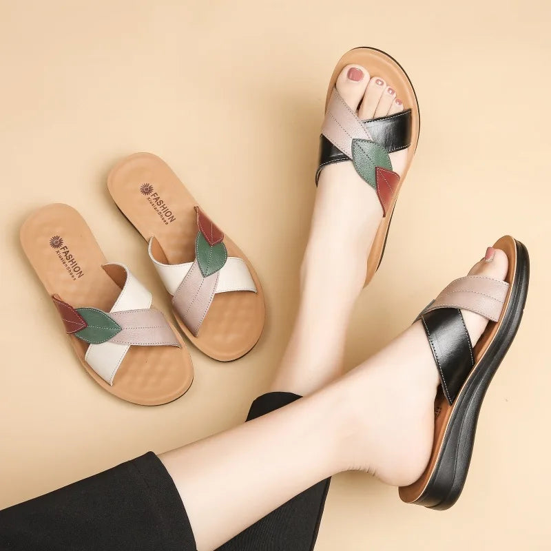 WOIZGIC Femmes Femmes Dames Mère Chaussures En Cuir Véritable Sandales Plateforme Pantoufle Été Cool Plage Doux Sans Lacet Extérieur