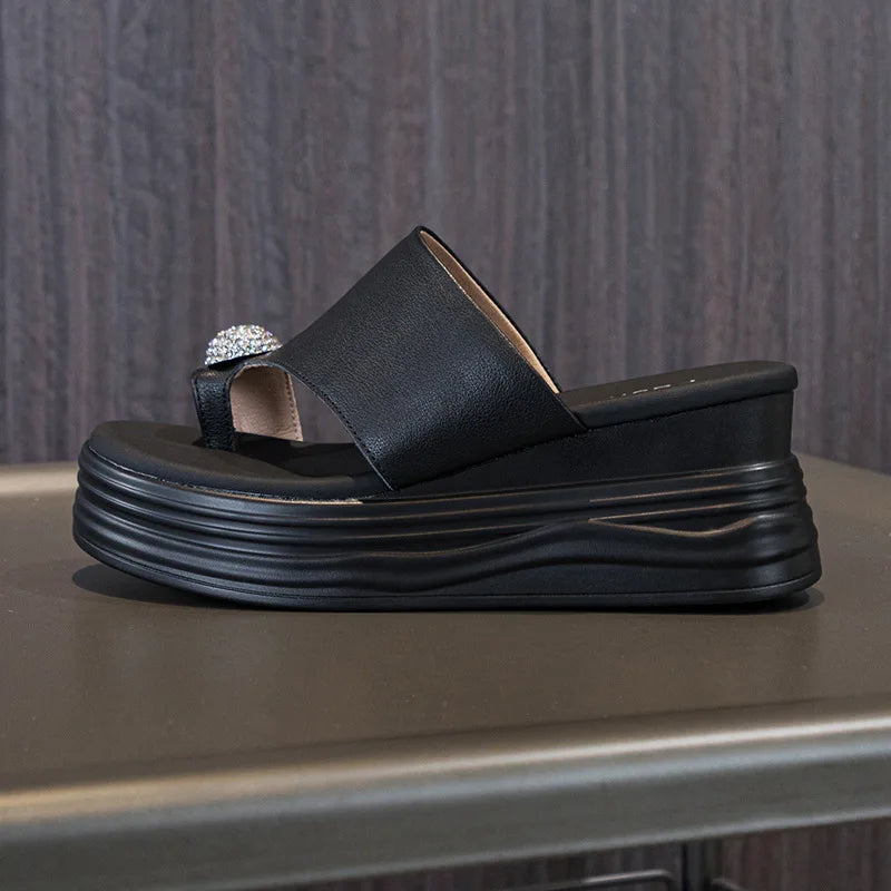 Fujin 7cm Genuine Leather Summer Clip Toe Flip Ladies Slippers Pumps Platform Wedge Women Fashion Sandals Flats Rhinestone Shoes