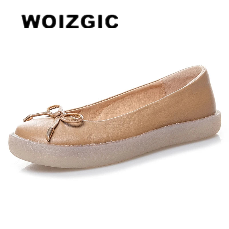 WOIZGIC Women's Ladies Female Mother White Genuine Leather Shoes Flats Non Slip On Casual Bow Plus Size 43 42 JZ-19111