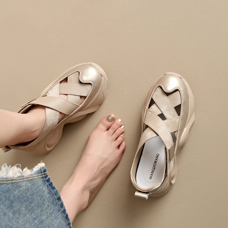 Autuspin 8cm Women Chunky Platform Sandals Summer Hollow New Synthetic Leather Ladies Shoes Wedges Platforms Female High Heels