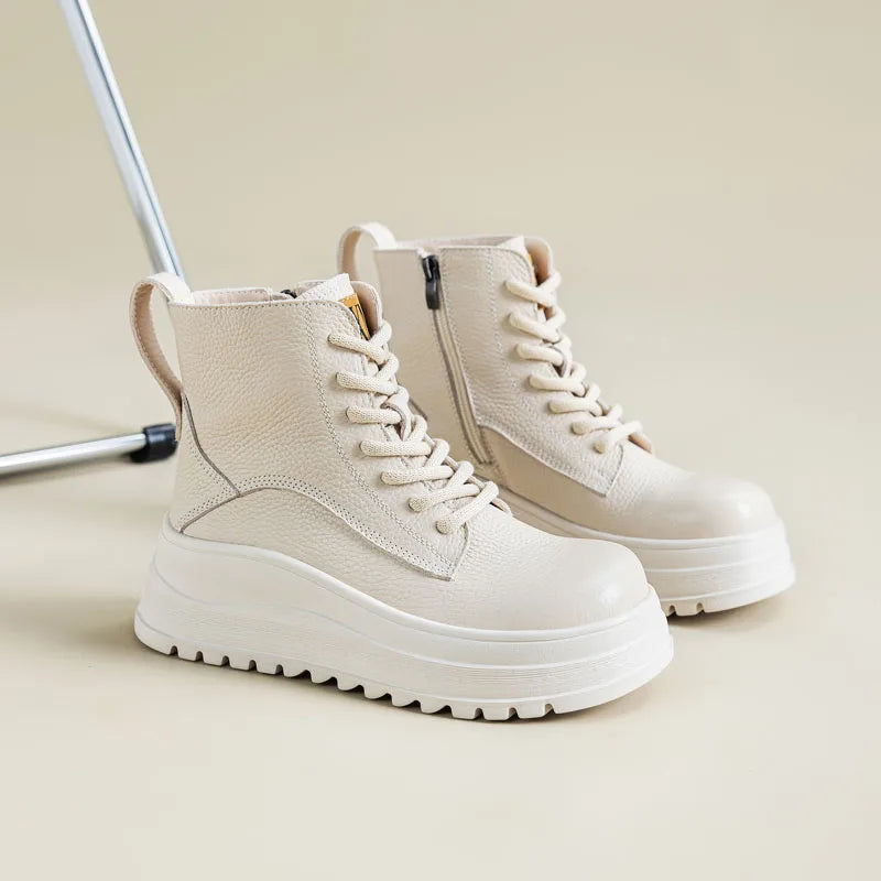 DRKANOL 2025 Genuine Leather Ankle Boots For Women Wedges Height Increasing Chunky Platform British Style Leisure Short Boots