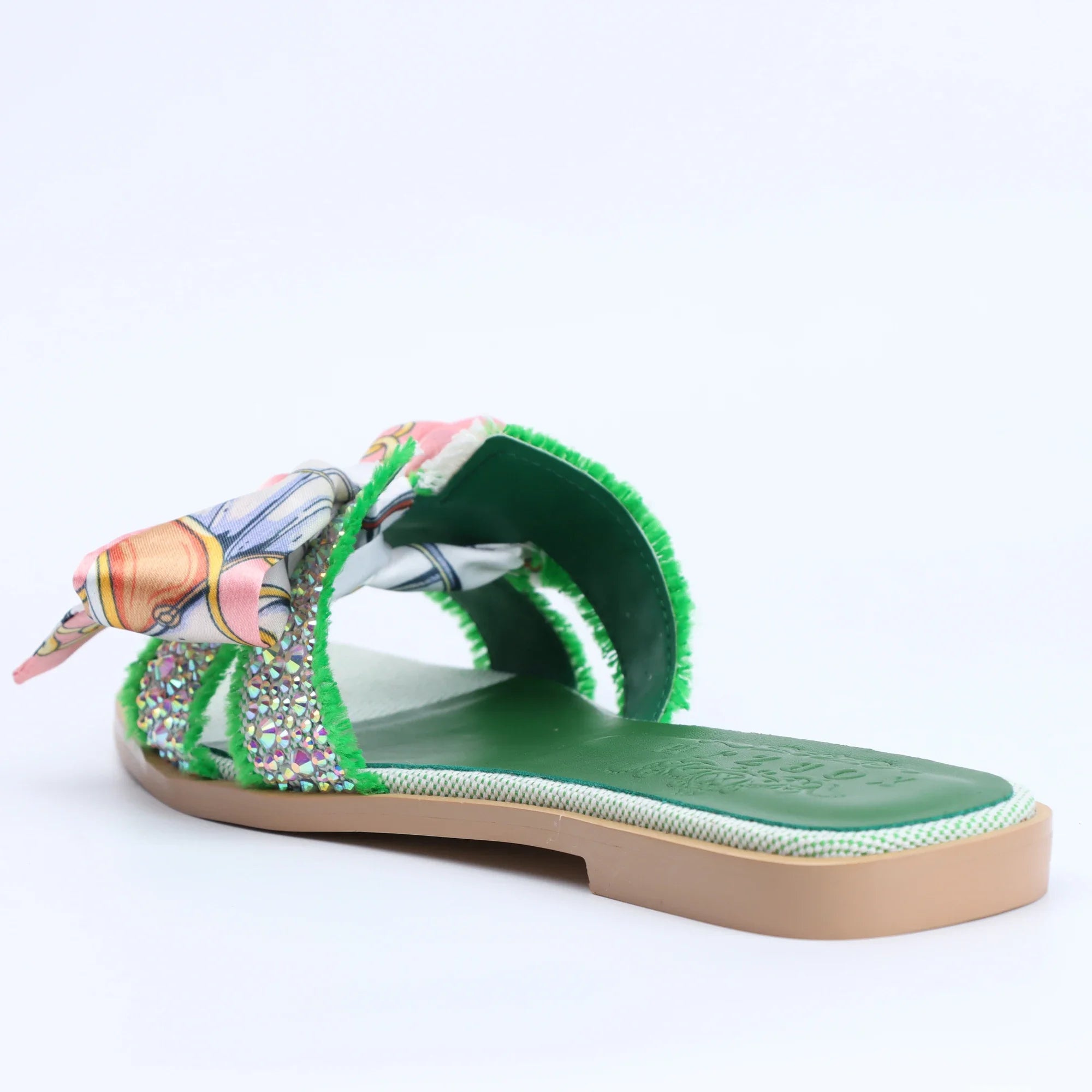Women's Green Flat Luxury Rhinestone Sandals, Slip on Designer Slides Summer Fall Shoes Cute Open Toe Slippers