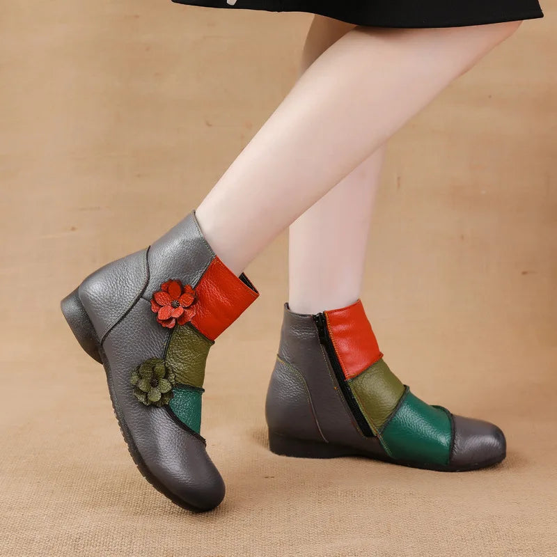 WOIZGIC Bottes en cuir véritable pour femmes, chaussures à la cheville, fermeture éclair, style ethnique, automne, fourrure en peluche, fleur chaude