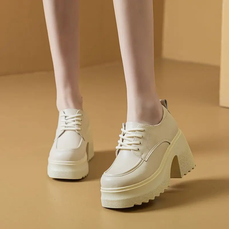 Fujin 10CM Wedge Pumps High Brand Shoes Hidden Heels Female Lace Up Moccasins Genuine Leather Spring Summer Women Platform Shoes