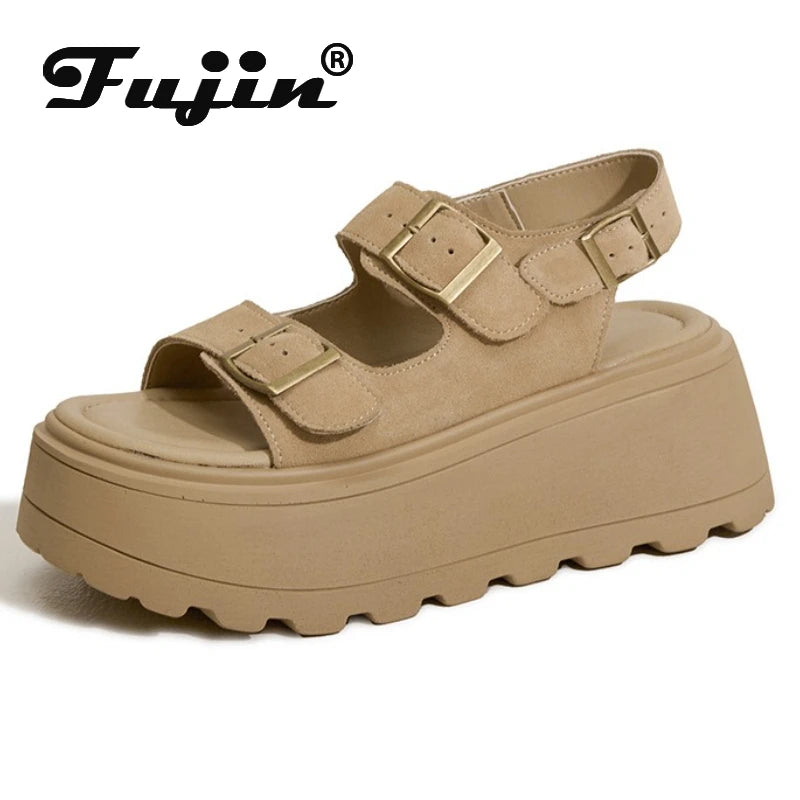 Fujin 7cm 2025 Suede Leather High Brand Platform Wedge Flats Summer Chunky Sneaker Sandals Comfy Peep Toe Fashion Shoes Women