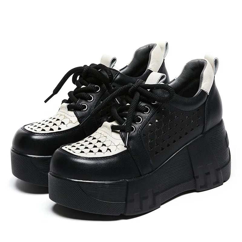 DRKANOL Fashion Summer Chunky Platform Shoes Women 2024 Genuine Cow Leather Mixed Colors Hollow Out Breathable Wedges Heel Shoes