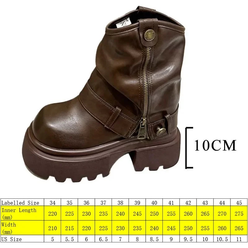 Koznoy 10cm PU Leather Spring Round Toe Shoes Motorcycle Boots Women Ankle Booties Ladies Fashion Chimney Autumn Moccasins