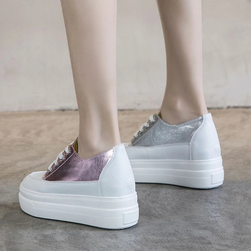 Fujin 8cm New Genuine Leather Platform Spring Autumn Chunky Sneaker Casual Hidden Women Vulcanize Comfy Summer Mixed Color Shoes