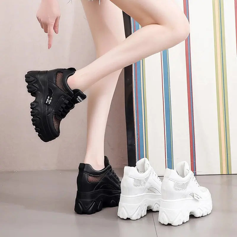 Fujin 10cm Microfiber Leather Mesh Platform Shoes Wedge Sneakers For Women Hidden Heel Increased Shoes Summer Sneakers Female